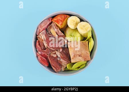 Hundeschale mit Arten angeeigneten Rohkost wie Stücke von rohem Fleisch, Gemüse und Obst auf blauem Hintergrund Stockfoto