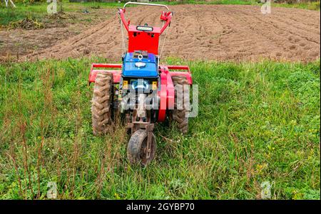 Landmaschinen laufen hinter dem Traktor auf dem Feld. Landwirtschaftliche Mechanisierung. Landwirtschaftlicher Traktor. Motoblock. Motoblock im Gartenbau. Wird weit verarbeitet Stockfoto