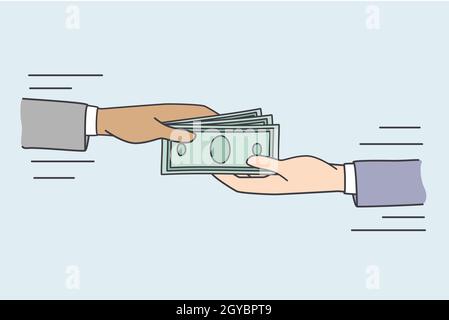 Bestechung und Geld zu geben. Menschliche Hände geben und nehmen Haufen Geld Bargeld Währung machen Bestechung oder geben Gehalt Vektor Illustration Stockfoto