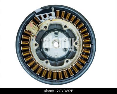 Electric inverter motor for repairing washing machines. Repair of washing machines. Customer Service. Electric coil windings. Direct drive motor. Mast Stockfoto