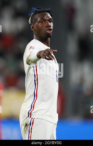 Turin, Italien, 7. Oktober 2021. Paul Pogba aus Frankreich reagiert während des Spiels der UEFA Nations League im Juventus-Stadion in Turin. Bildnachweis sollte lauten: Jonathan Moscrop / Sportimage Stockfoto