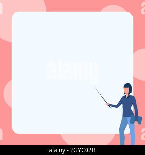 Lady Steht Und Hält Notizbuch, Während Sie Den Stock Auf Das Leere Whiteboard Zeigt. Stockfoto