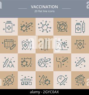 Symbole für Impfungs- und Impflinien. Sammlung bearbeitbarer Kontursymbole. Impfstoffe gegen Viren, Impfschutz, Antiimpfstoff, Schutzschild Stockfoto