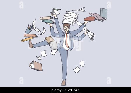 Business-Multitasking und Zeitmanagement-Konzept. Junge frustrierte Geschäftsmann Zeichentrickfigur steht mit Haufen von Büchern Dokument Papierkram fühlen Stockfoto
