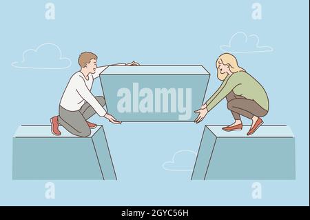 Konzept der Teamarbeit und der Vereinten Anstrengungen. Junge Mann und Frau Partner sitzen und setzen fehlende Details auf gebrochene Brücke als Team-Vektor-Illustration Stockfoto