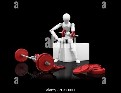 3D Rendern eines Mannes Heben von Gewichten auf schwarzem Hintergrund Stockfoto