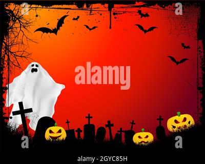 Grunge-Halloween-Hintergrund böse Kürbisse und scary ghost Stockfoto