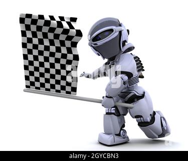 3D Rendern eines Roboters Zielflagge winkt Stockfoto