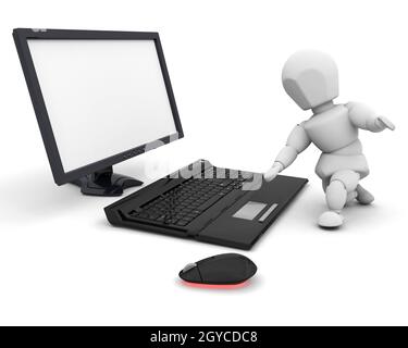 3D Rendern einer Person an einem Computer arbeiten Stockfoto