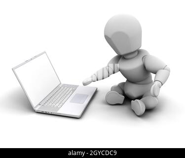 3D Rendern einer Person an einem Computer arbeiten Stockfoto