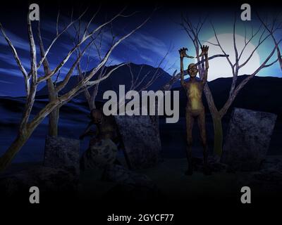 3D-Render von einem Halloween Hintergrund mit Zombies im Friedhof Stockfoto