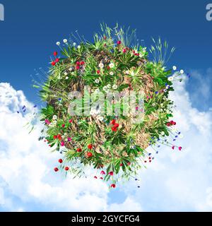 3D-Render eines Globus mit wilden Blumen vor einem blauen bewölkten Himmel Stockfoto