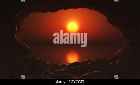 3D-Rendering von einer Ansicht aus einer Höhle, von denen aus man einen Sonnenuntergang Meer Stockfoto