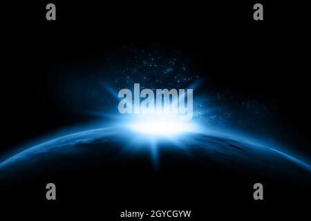 3D-Raum Hintergrund mit der Sonne über einen fiktiven Planeten Stockfoto