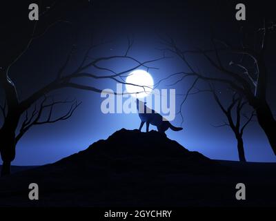 3D-Landschaft Hintergrund mit einem Wolf den Mond anheulen Stockfoto