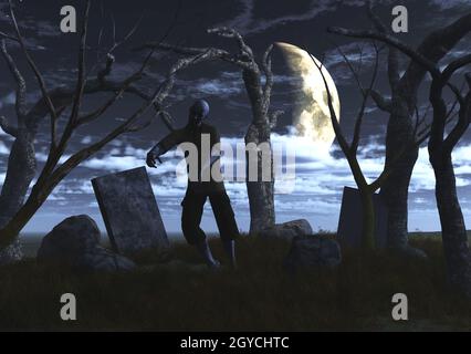 3D Rendern eines Zombies auf dem Friedhof in der Nacht Stockfoto