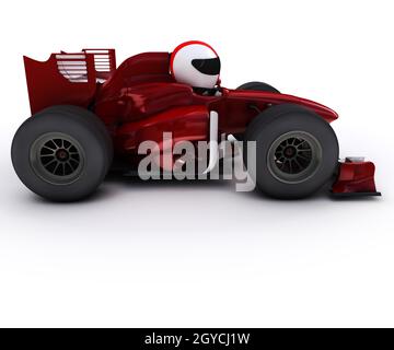 3D-Render von Morph Mann mit offenen Rädern Rennwagen Stockfoto