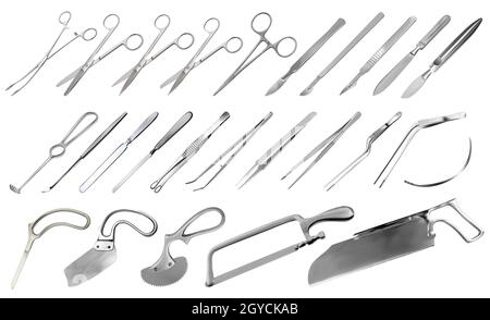 Set mit chirurgischen Instrumenten. Pinzetten, Skalpelle, Gips- und Knochensägen, Gehirn-, Amputations- und Putzmesser, Pinzetten und Klemmen, Haken, Nadel. Groß Stock Vektor