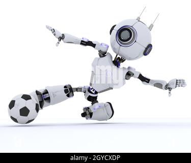3D Rendern eines Roboters Fußball spielen Stockfoto