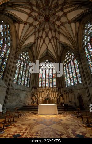 Atemberaubendes „Jesse Window“ in der Kathedrale von Wells, das einen Jesse Tree zeigt und die Familie und Vorfahren Christi zeigt. Stockfoto