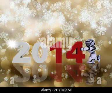 3D-Rendering eines Roboters, der das neue Jahr einbringt Stockfoto