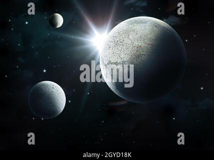 Raum-Szene mit fiktiven Planeten und Nebel Stockfoto