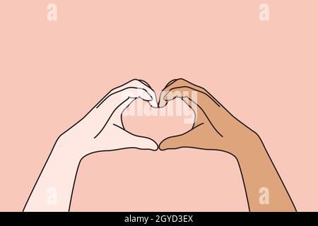 Multiethnisches und multikulturelles Liebeskonzept. Hände von weißen und schwarzen Menschen bilden Herz Bedeutung Liebe über rosa Hintergrund Vektor-Illustration Stockfoto