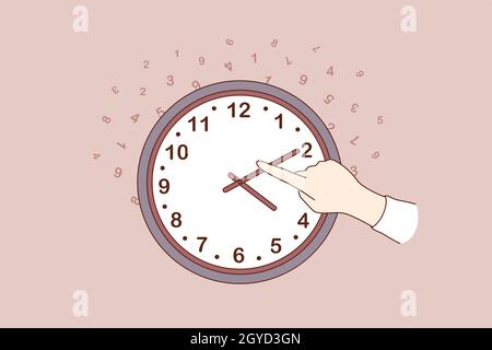 Ändern des Zeitkonzepts. Menschliche Hand ändert Zeit auf große Wanduhr über dunkelbraunem Hintergrund Vektor-Illustration Stockfoto