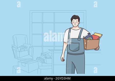 Werkstatt- und Werkerkonzept. Junger lächelnder Mann Cartoon-Figur stehend mit Box von Werkzeugen arbeiten als Reparaturman in Wohnung Vektor-Illustration Stockfoto