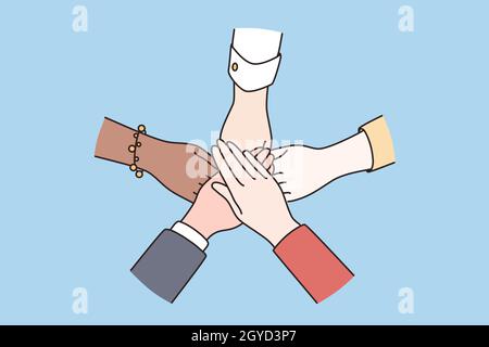 Teamwork, Vielfalt, Übereinstimmung, Partnerschaftskonzept. Menschliche Hände gemischter ethnischer Gruppen halten zusammen. Bedeutung soziale Gemeinschaft und Einheit Vektor krank Stockfoto
