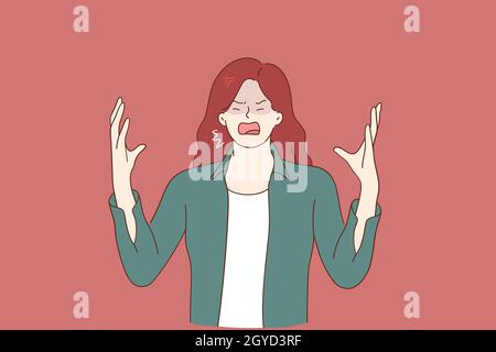 Konzept: Hass, Wut, emotionaler Schrei. Weinend emotional wütend junge Frau Zeichentrickfigur stehend schreiend zeigt Gesten mit Fingern Gefühl Fu Stockfoto