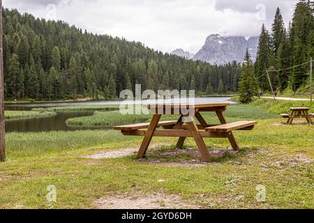 Blick auf den See Misurina ist der größte natürliche See der Cadore. Stockfoto