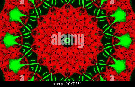 Abstrakter Hintergrund mit rot-grünem Ornament. Kaleidoskop Muster für Design. Stilisierte rote Blume auf grünem Hintergrund. Stockfoto