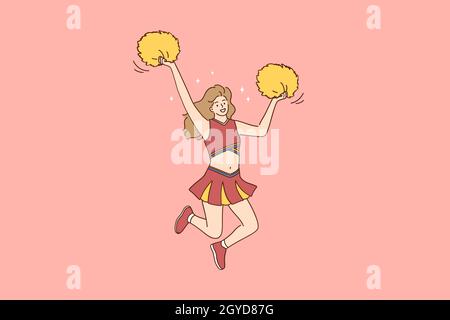 Cheerleading und Sportkonzept. Junge schöne lächelnde Mädchen Cheerleader in roten Kostüm tanzen bewegen mit gelben Pompoms und springen während Show vec Stockfoto