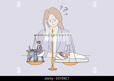 Schwierige Wahl zwischen Job und Gesundheitskonzept. Junge müde Geschäftsfrau versucht, zwischen Karriere im Büro und gute Gesundheit und Schlaf zu wählen versuchen f Stockfoto