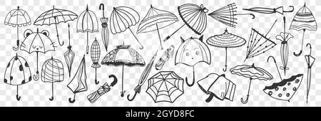 Regenschirm-Doodle-Set. Sammlung von handgezeichneten verschiedenen offenen und geschlossenen Regenschirmen zum Schutz vor regnerischem Wetter isoliert auf transparentem Hintergrund. Stockfoto