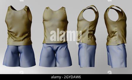 3d realistisches Rendering von Herrenshorts und Weste clean leere Schablone, Modellbild für Design, Logo Stockfoto