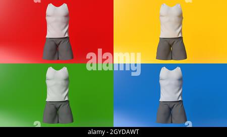 3d realistisches Rendering von Herrenshorts und Weste clean leere Schablone, Modellbild für Design, Logo Stockfoto