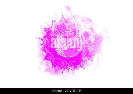 Siebtes Chakra von Sahasrara, Krone Chakra Logo Vorlage in Aquarell-Stil. Violette sakrale Zeichenmeditation, Yoga rund Mandala-Ikone. Das Symbol Om in Stock Vektor