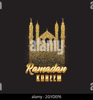 Dekorative Ramadan Kareem Hintergrund mit Glitzer Moschee und metallischen Text Stockfoto
