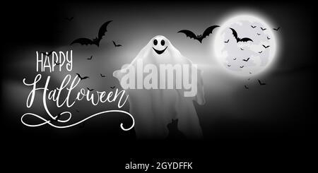 Halloween Banner mit Geister- und Fledermausdesign Stockfoto