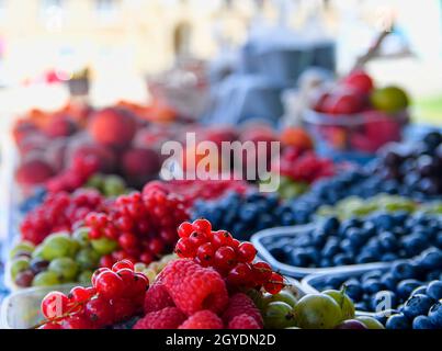 Rote Johannisbeeren, Himbeeren, Stachelbeeren, Heidelbeeren und andere Früchte und Gemüse zum Verkauf auf dem lokalen Bauernmarkt. Frische Bio-Produkte zum Verkauf bei Stockfoto