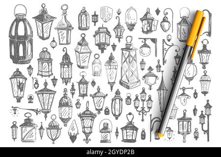 Straßenlampen Doodle Set. Sammlung von städtischen Taschenlampen Beleuchtung Werkzeuge dekorative Design-Elemente mit elektrischen Glühbirnen isoliert auf weißem Backgro Stockfoto