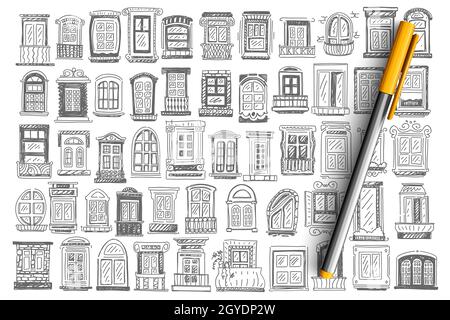 Balkonkritzel-Set. Sammlung von handgezeichneten Fensterrahmen unterschiedlicher Größe und Außenfassade von Gebäuden auf weißem Hintergrund. Architektur und Stockfoto