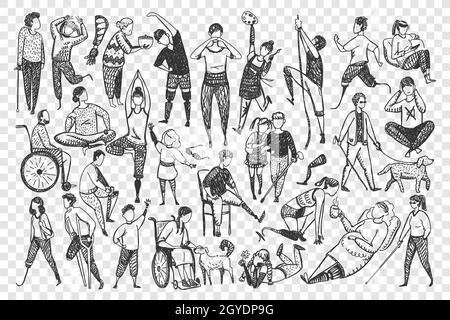 Doodle-Set für Behinderte. Sammlung von handgezeichneten behinderten Männern Frauen Athleten laufen zu Fuß medidtieren isoliert auf transparentem Hintergrund. Er Stockfoto