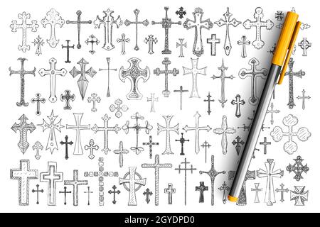 Verschiedene religiöse Kreuze Doodle Set. Sammlung von handgezeichneten Kreuzen in verschiedenen Größen und Stilen als Symbol des religiösen Glaubens, Christentum isolat Stockfoto