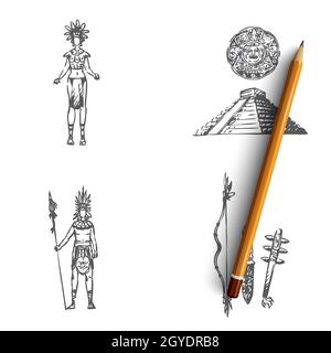Maya Zivilisation - Maya Menschen, Werkzeuge und Pyramide Vektor-Konzept-Set. Von Hand gezeichnete Skizze isolierte Illustration Stockfoto