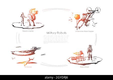 Militärische Roboter - Roboter in der Schlacht, Unterwasser-Sapper, Roket Angriff, Luft Drohnen Vektor-Konzept-Set. Von Hand gezeichnete Skizze isolierte Illustration Stockfoto