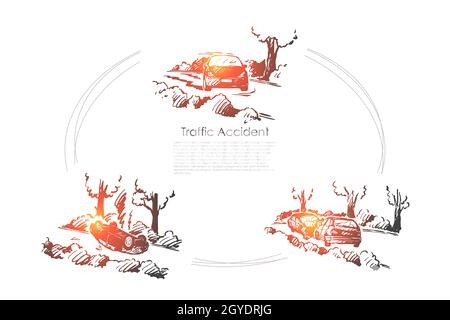 Verkehrsunfall - gebrochene Autos bei Verkehrsunfällen auf der Straße im Freien Vektor-Konzept gesetzt. Von Hand gezeichnete Skizze isolierte Illustration Stockfoto