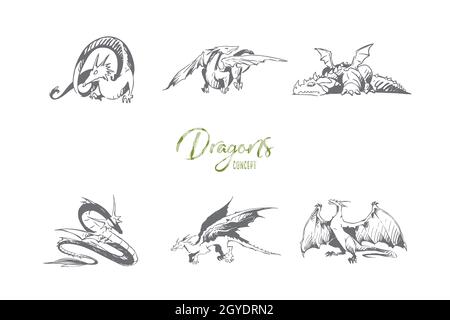 Dragons - verschiedene Arten von Drachen Vektor-Konzept-Set. Von Hand gezeichnete Skizze isolierte Illustration Stockfoto